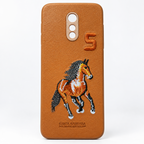 Brown OnePlus 7 textured back cover with embroidered horse design, rear view