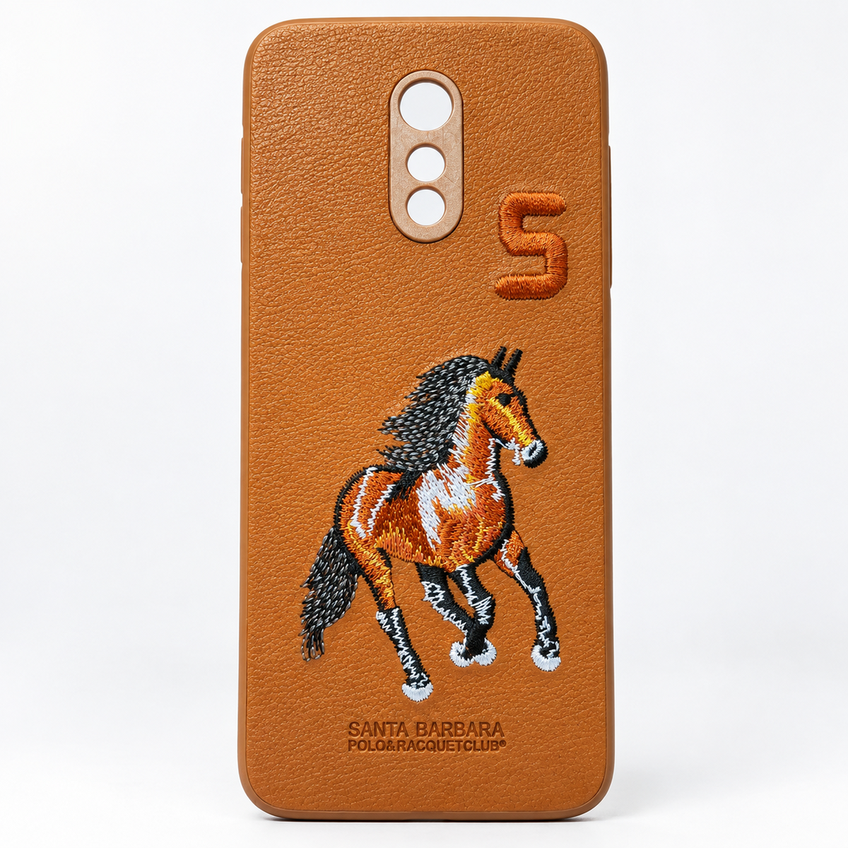Brown OnePlus 7 textured back cover with embroidered horse design, rear view