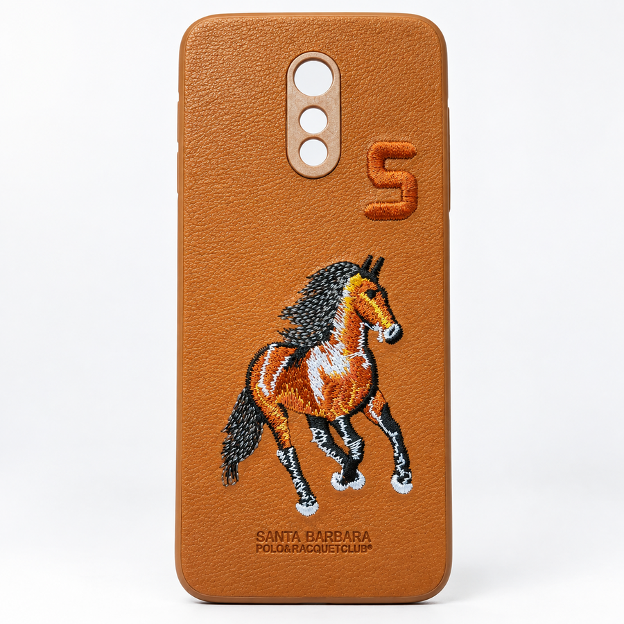 Brown OnePlus 7 textured back cover with embroidered horse design, rear view