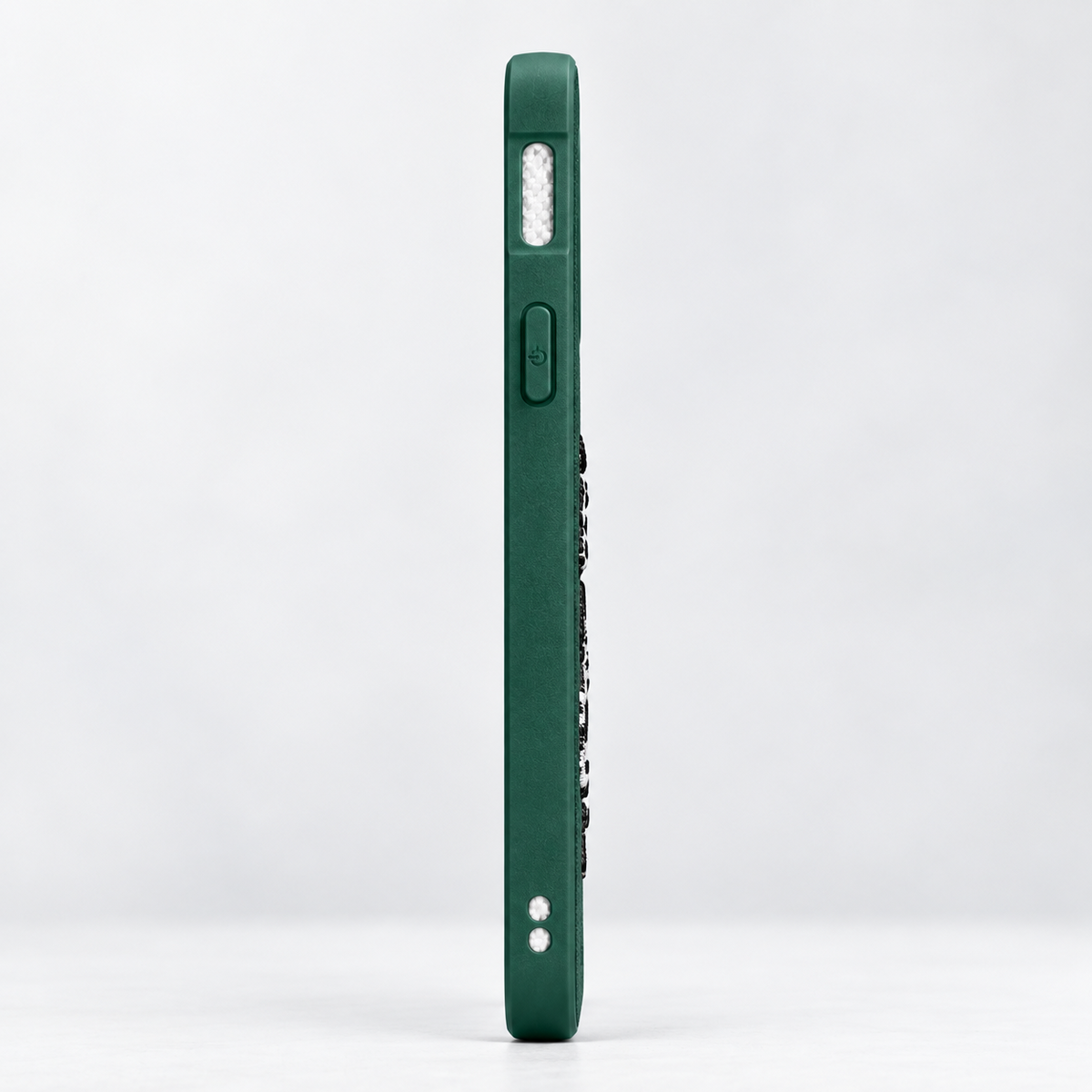 Side view of Green OnePlus 7 back cover showing button and port cutouts