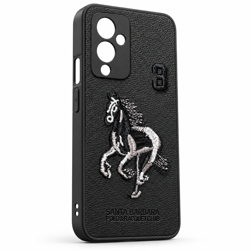 OnePlus 9 black embroidered horse case three-quarter product view