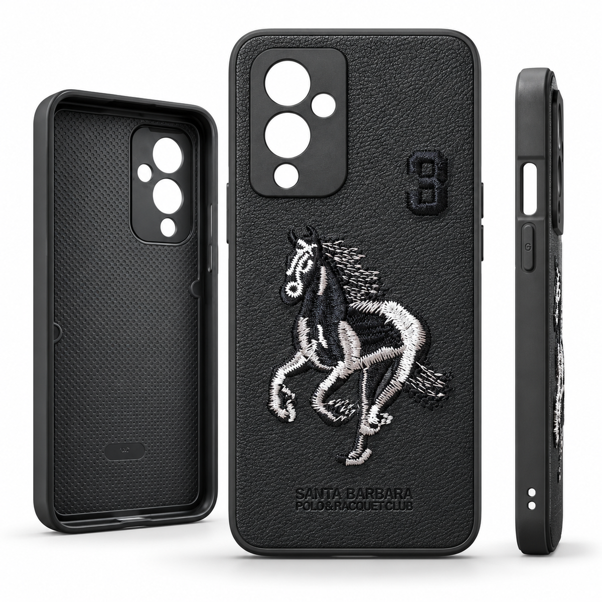 OnePlus 9 embroidered horse black back cover with leather texture
