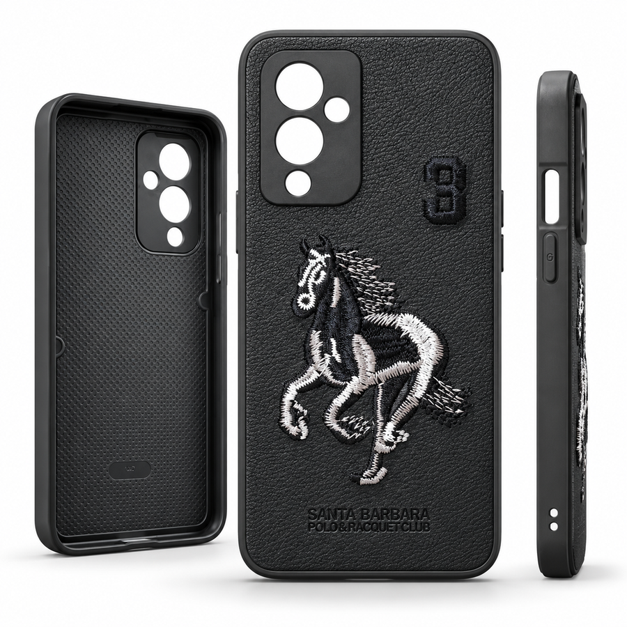 OnePlus 9 embroidered horse black back cover with leather texture