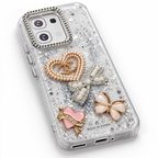 Grey clear OPPO A6 glitter case with pearl heart bow and butterfly decorations, angled studio view