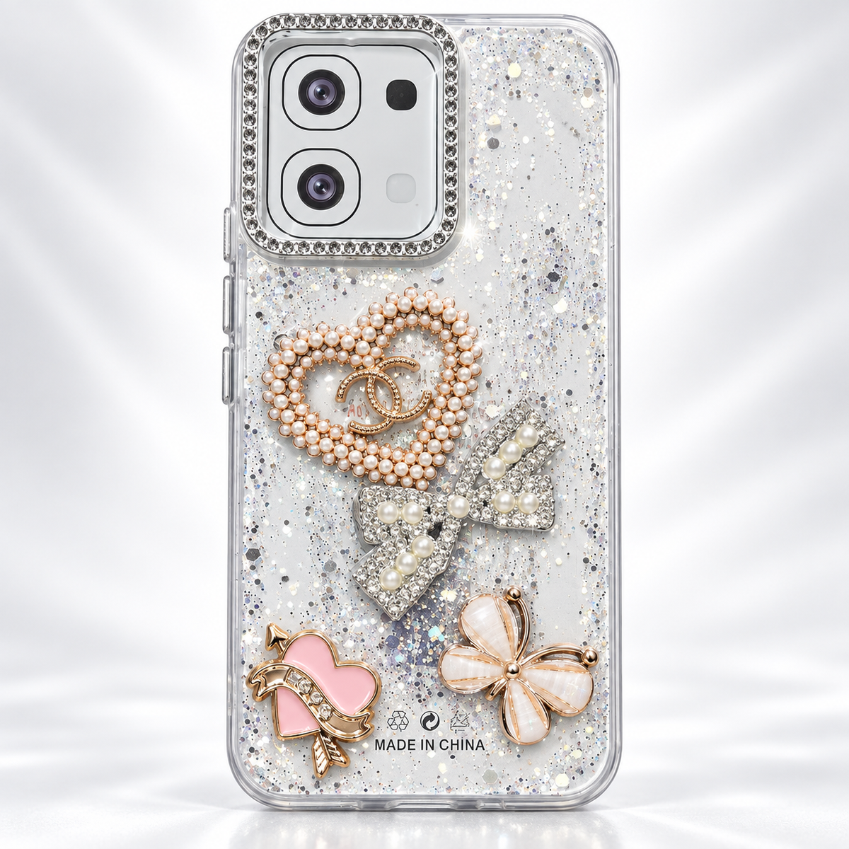 Grey clear glitter pearl bow butterfly case for OPPO A6, full rear studio view