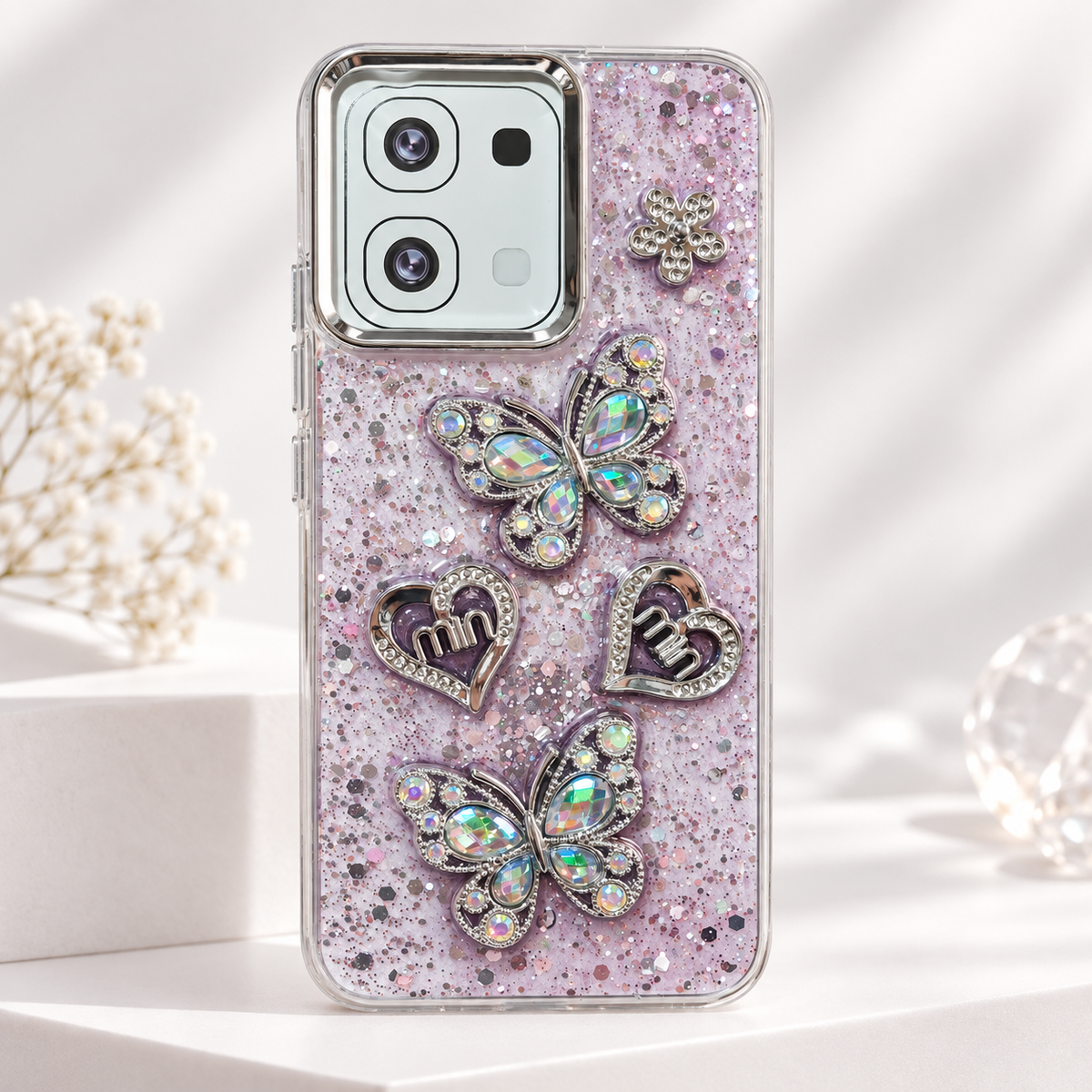 OPPO A6 lavender glitter case with raised iridescent butterfly, heart and flower decorations