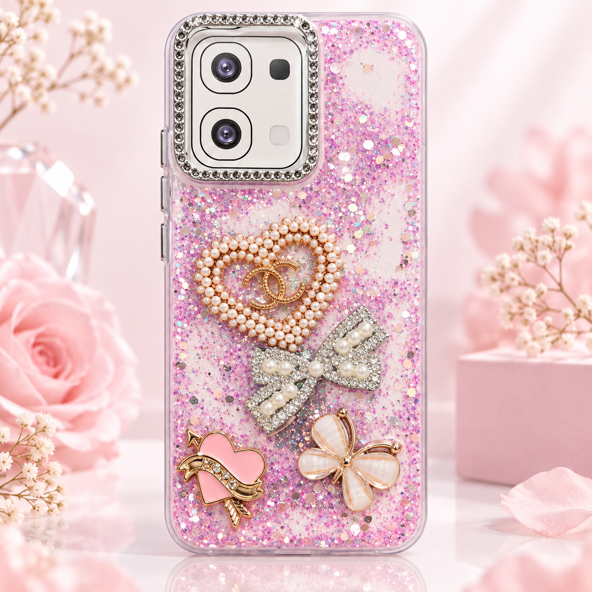 Pink glitter pearl bow butterfly case for OPPO A6, full rear studio view