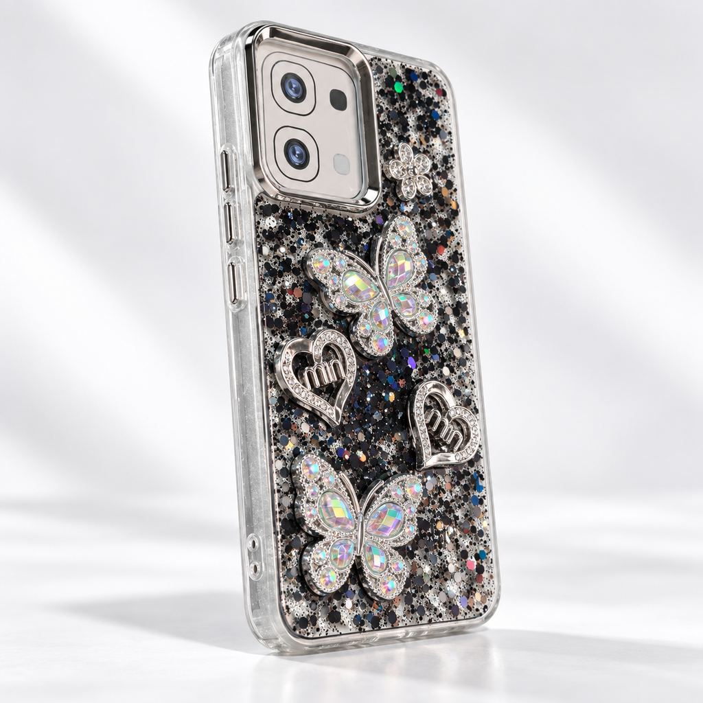 Angled studio view of OPPO A6 Pro black glitter butterfly cover showing clear TPU sides