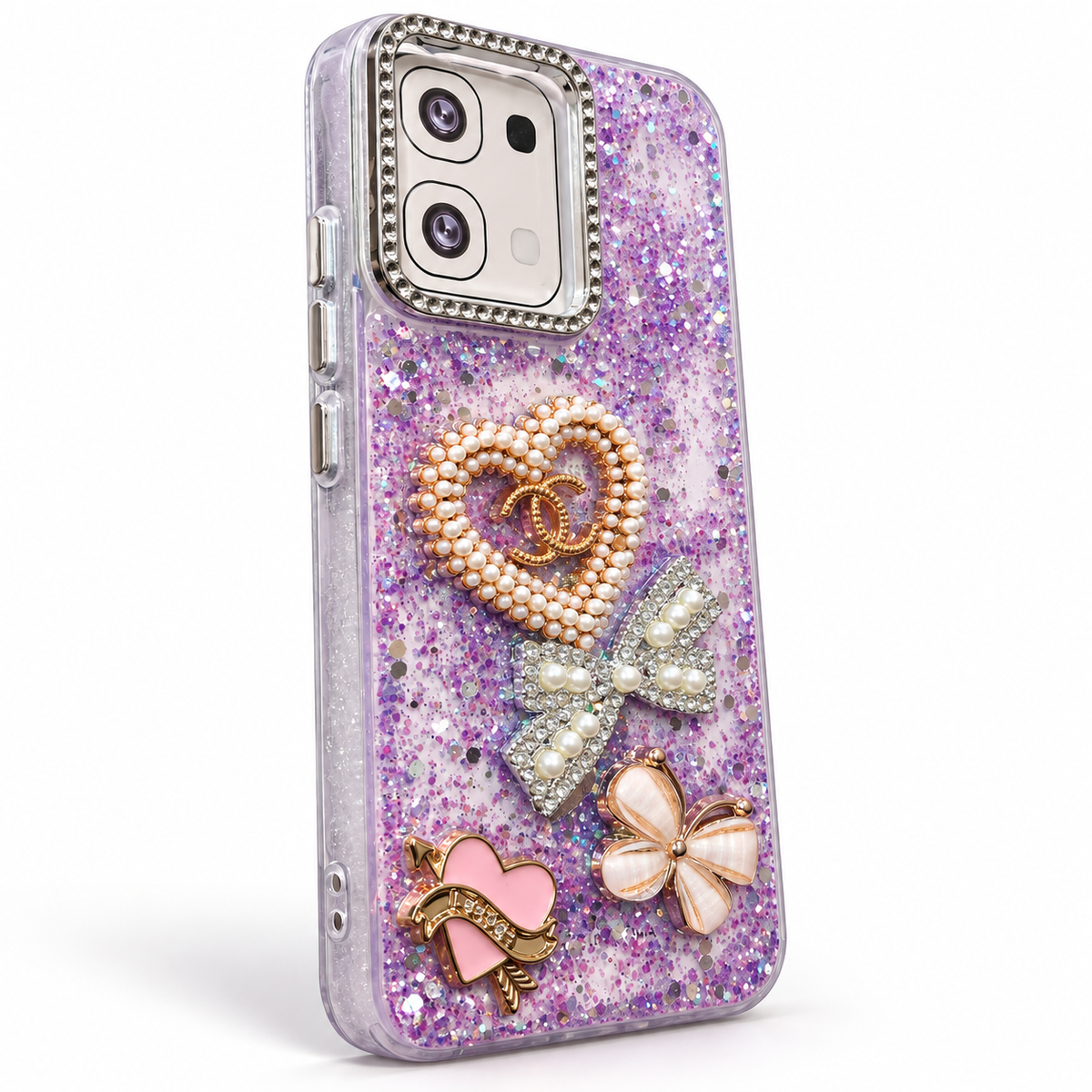 Purple OPPO A6 glitter case with pearl heart bow and butterfly decorations, angled studio view