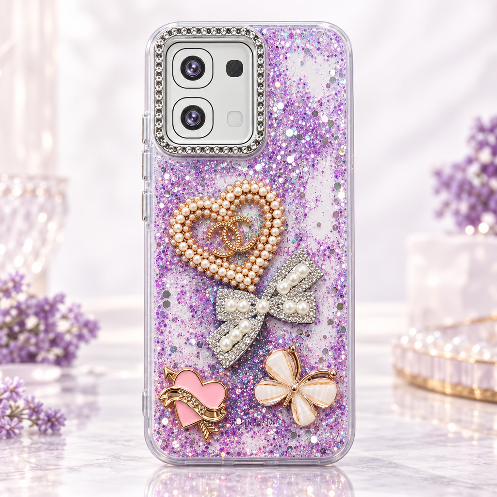 Purple glitter pearl bow butterfly case for OPPO A6, full rear studio view