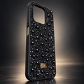 Black pearl and rhinestone-style fashion phone case, angled rear view