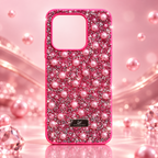 Hot pink pearl and rhinestone-style decorative phone case, rear view