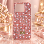 Light pink pearl and rhinestone-style decorative phone case, rear view
