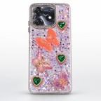 A clear phone case filled with iridescent glitter and decorated with three 3D butterfly and heart charms, shown on a light gray background.