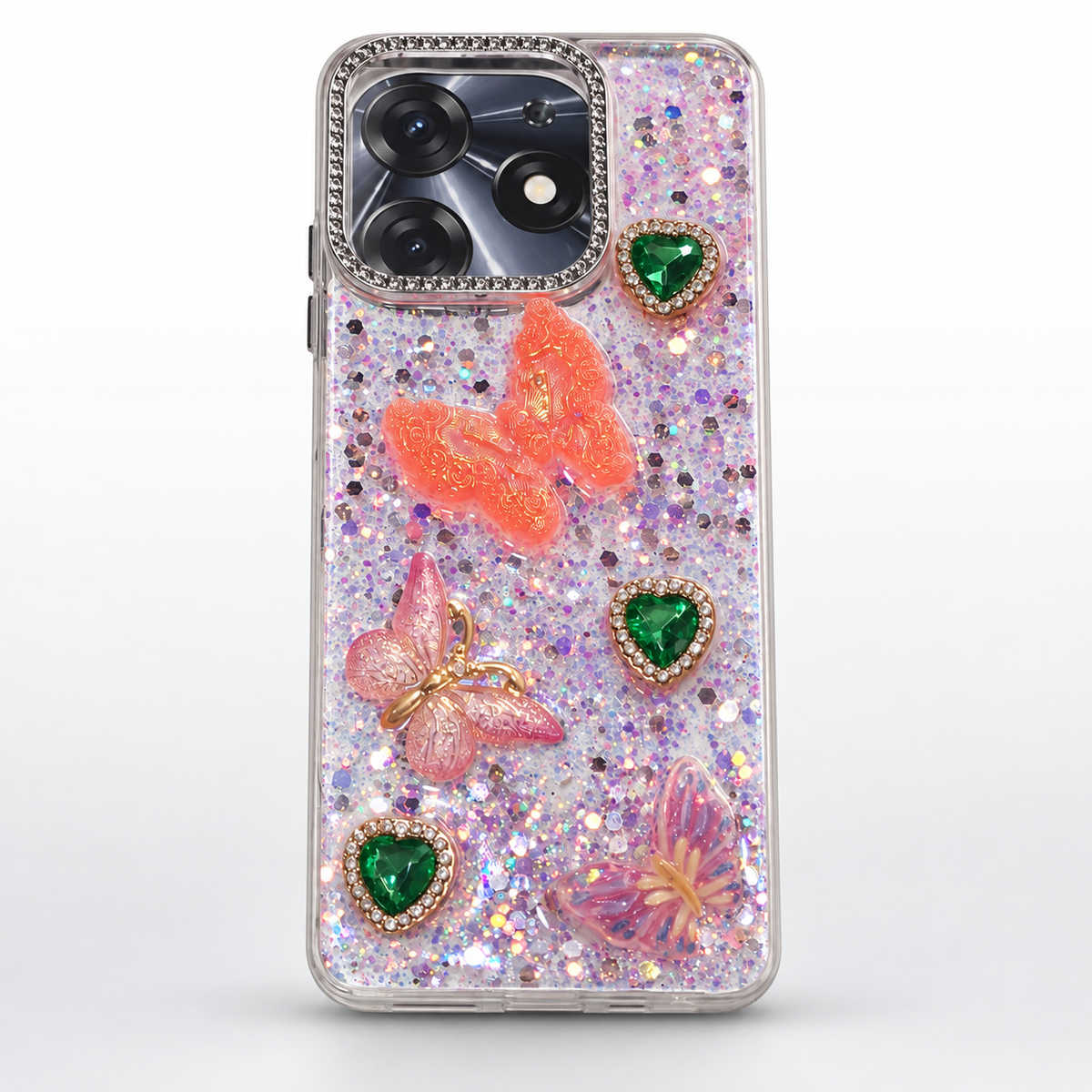 A clear phone case filled with iridescent glitter and decorated with three 3D butterfly and heart charms, shown on a light gray background.