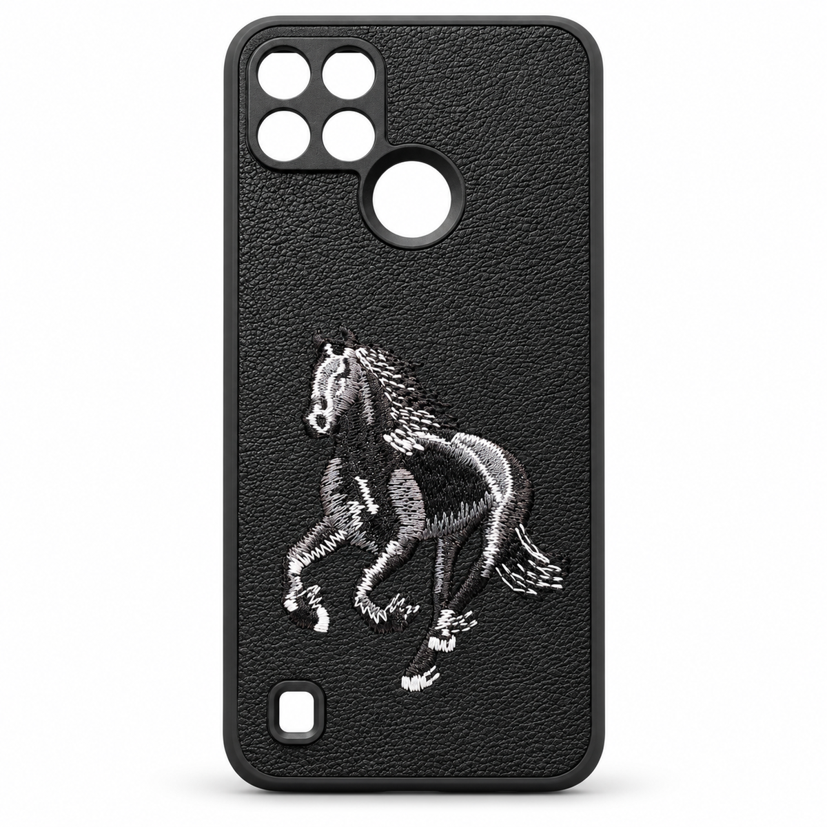 Realme C21Y black embroidered horse back cover with leather-look texture and TPU sides