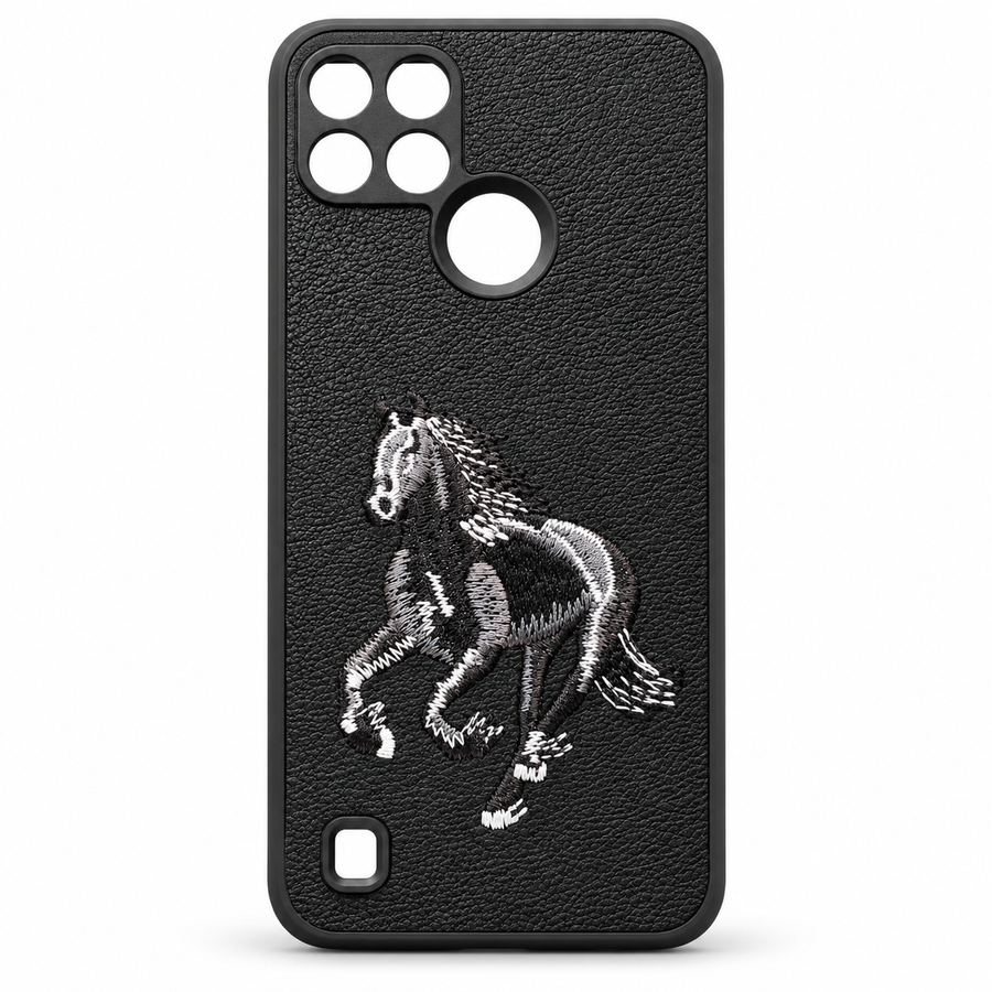 Realme C21Y black embroidered horse back cover with leather-look texture and TPU sides