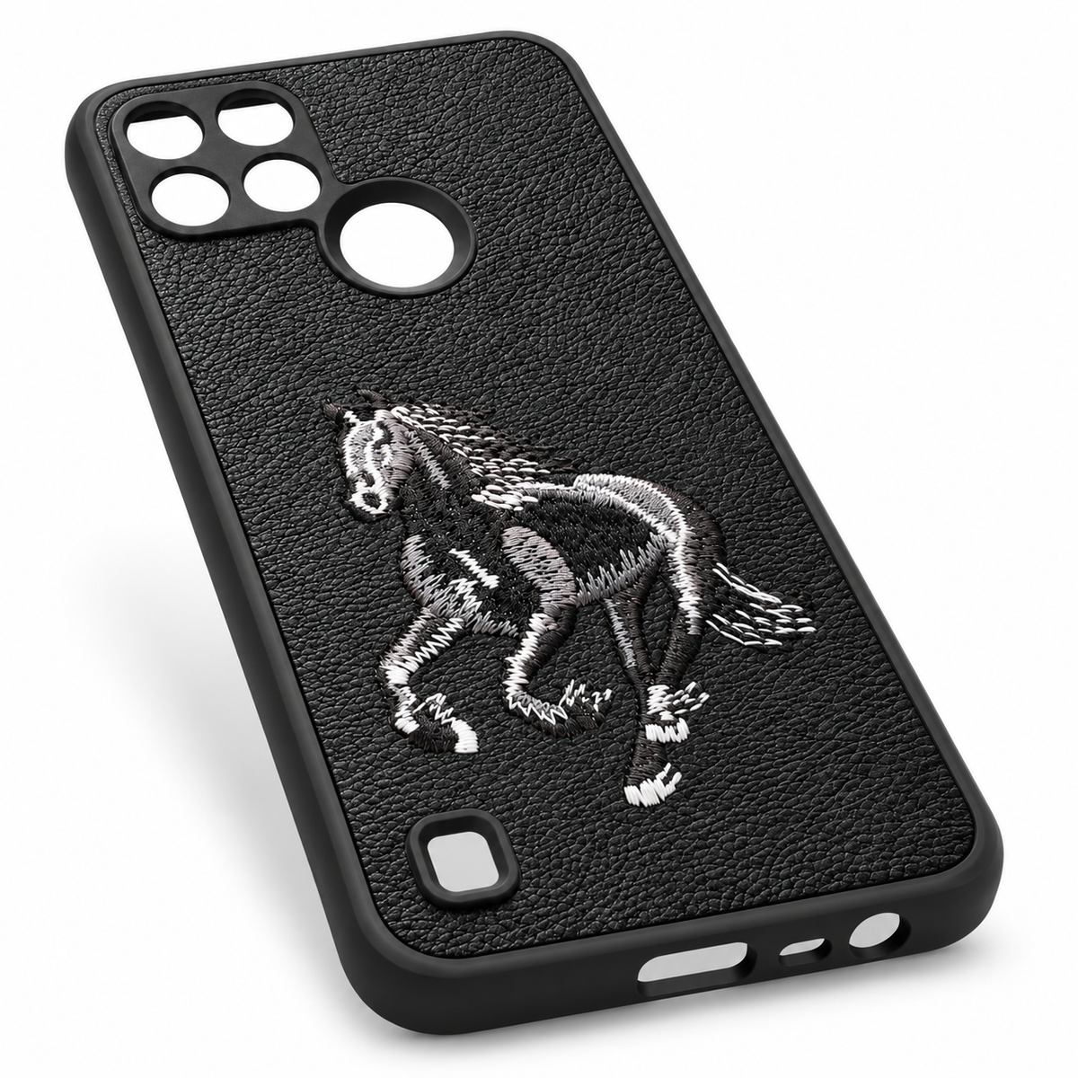 Realme C21Y embroidered horse case angled view showing black TPU sides and bottom cutouts