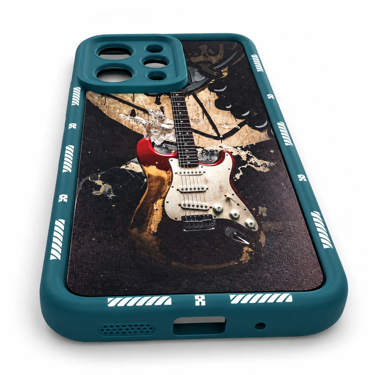 Teal green Redmi 12 guitar design silicone back cover showing bottom charging, speaker and microphone cutouts