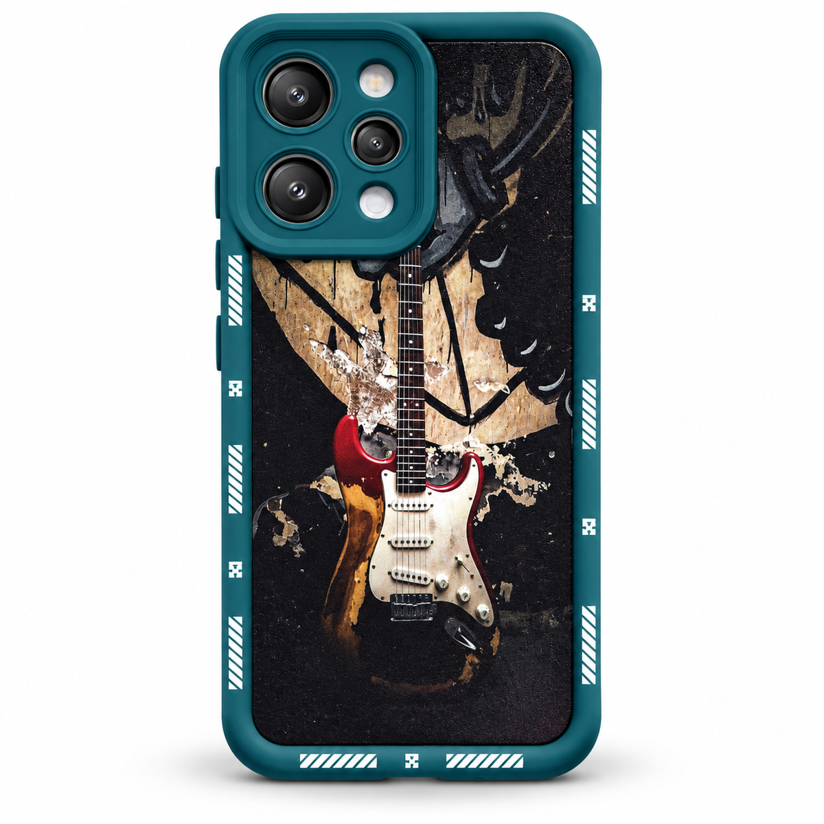 Teal green Redmi 12 silicone back cover with grunge electric guitar print, rear product view