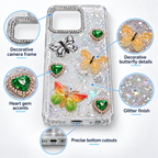 Feature infographic for clear butterfly glitter case showing decorative frame, butterfly details, heart accents and bottom cutouts