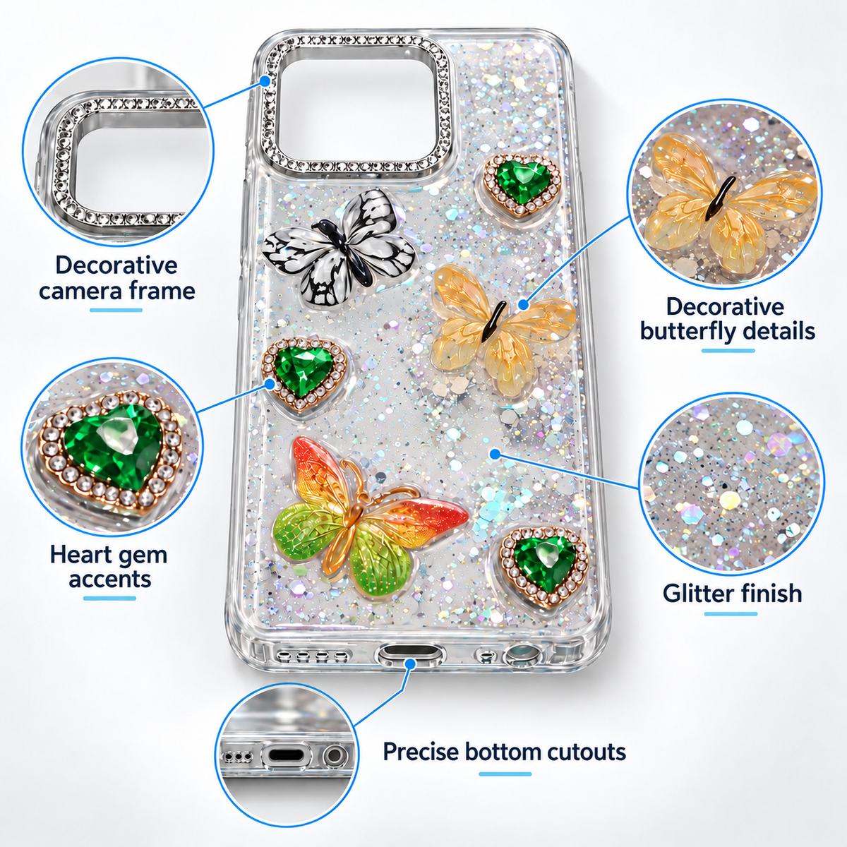 Feature infographic for clear butterfly glitter case showing decorative frame, butterfly details, heart accents and bottom cutouts