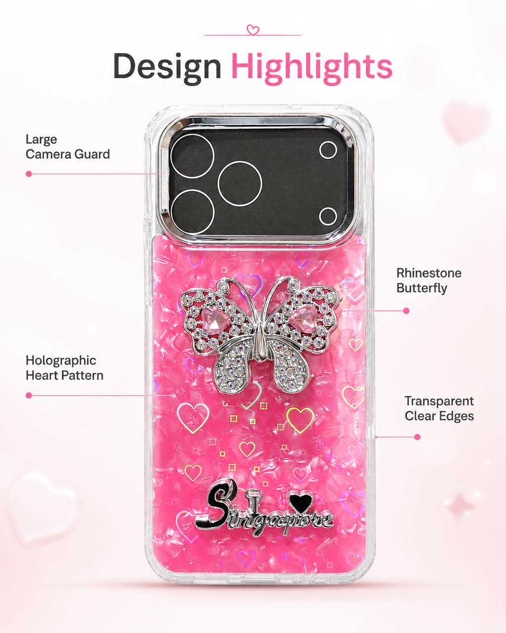 3D Butterfly Glitter & Holographic Heart Case for Tecno Spark 50 4G
