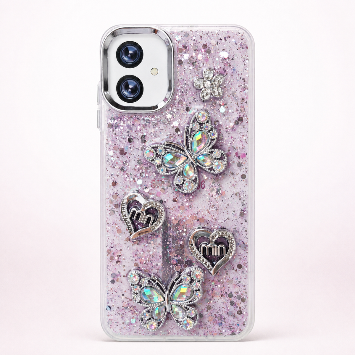Purple Samsung Galaxy A06 glitter butterfly and heart back cover with raised decorative details