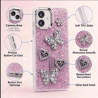 Samsung Galaxy A06 glitter butterfly and heart case infographic showing raised decorations, soft TPU sides and camera surround