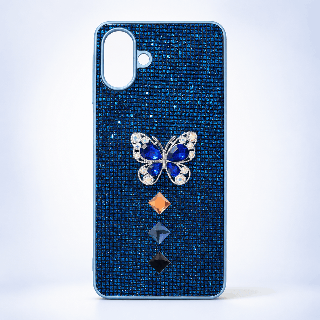 Navy Samsung Galaxy A07 glitter butterfly back cover with raised butterfly and three faceted decorative gems