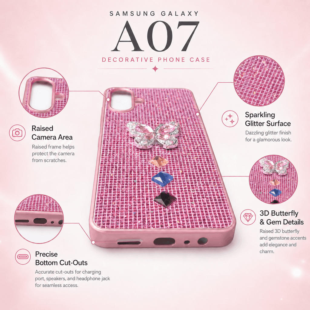 Samsung Galaxy A07 glitter butterfly case infographic showing raised butterfly, decorative gems and camera surround