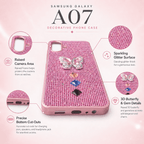 Samsung Galaxy A07 glitter butterfly case infographic showing raised butterfly, decorative gems and camera surround