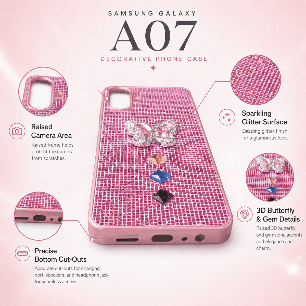 Samsung Galaxy A07 glitter butterfly case infographic showing raised butterfly, decorative gems and camera surround