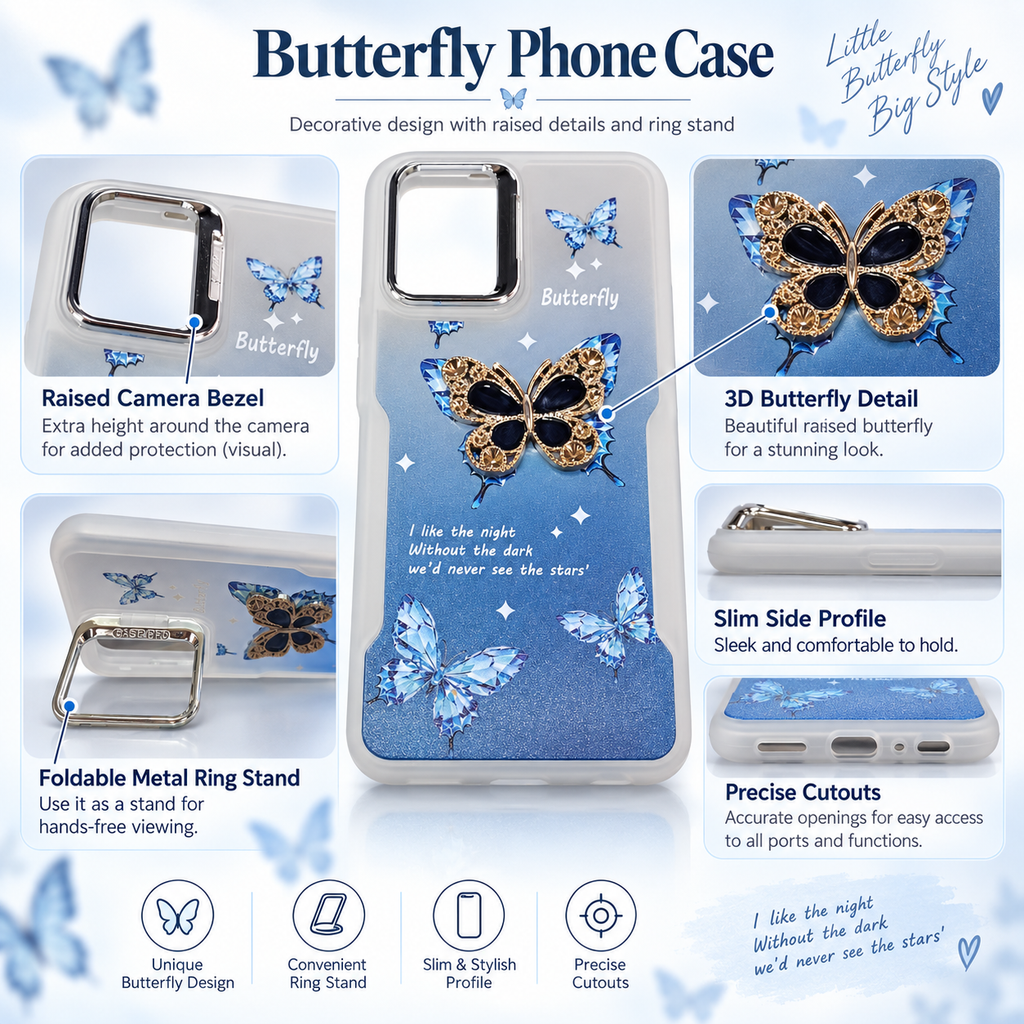 A promotional infographic for a butterfly-themed phone case, showing the case from multiple angles with callout labels for camera bezel, 3D butterfly detail, slim side profile, and precise cutouts. The design features a blue glittery background with a large gold-and-black butterfly, smaller blue butterflies, white stars, and decorative text.