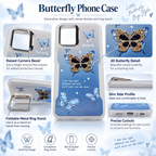 A promotional infographic for a butterfly-themed phone case, showing the case from multiple angles with callout labels for camera bezel, 3D butterfly detail, slim side profile, and precise cutouts. The design features a blue glittery background with a large gold-and-black butterfly, smaller blue butterflies, white stars, and decorative text.
