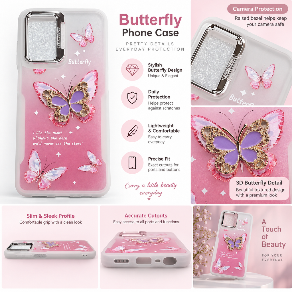 Pink butterfly phone case collage showing multiple angles of the case, glittery purple and gold butterfly designs, camera protection bumpers, and marketing text on a white background.