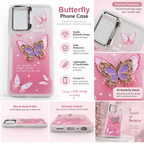 Pink butterfly phone case collage showing multiple angles of the case, glittery purple and gold butterfly designs, camera protection bumpers, and marketing text on a white background.