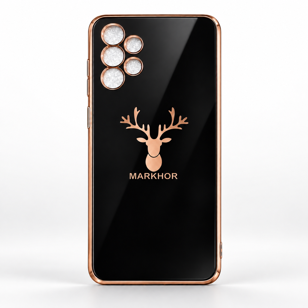 Black Samsung Galaxy A13 4G Markhor glossy back cover with rose-gold-coloured border and camera-ring accents
