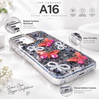 Samsung Galaxy A16 glitter butterfly case infographic showing bottom cutouts, clear TPU sides and raised camera area