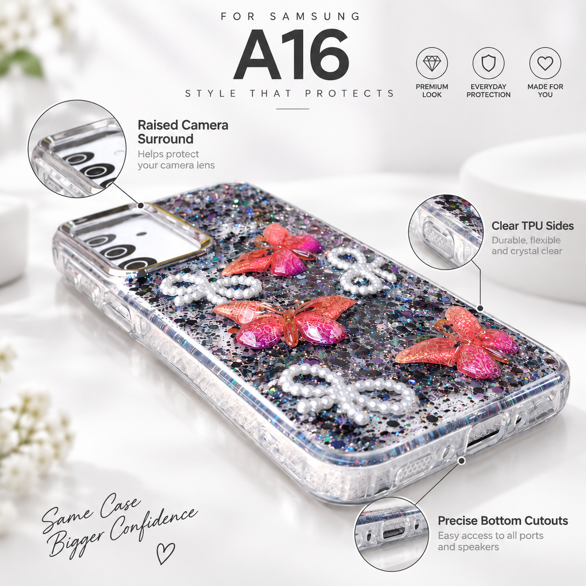 Samsung Galaxy A16 glitter butterfly case infographic showing bottom cutouts, clear TPU sides and raised camera area