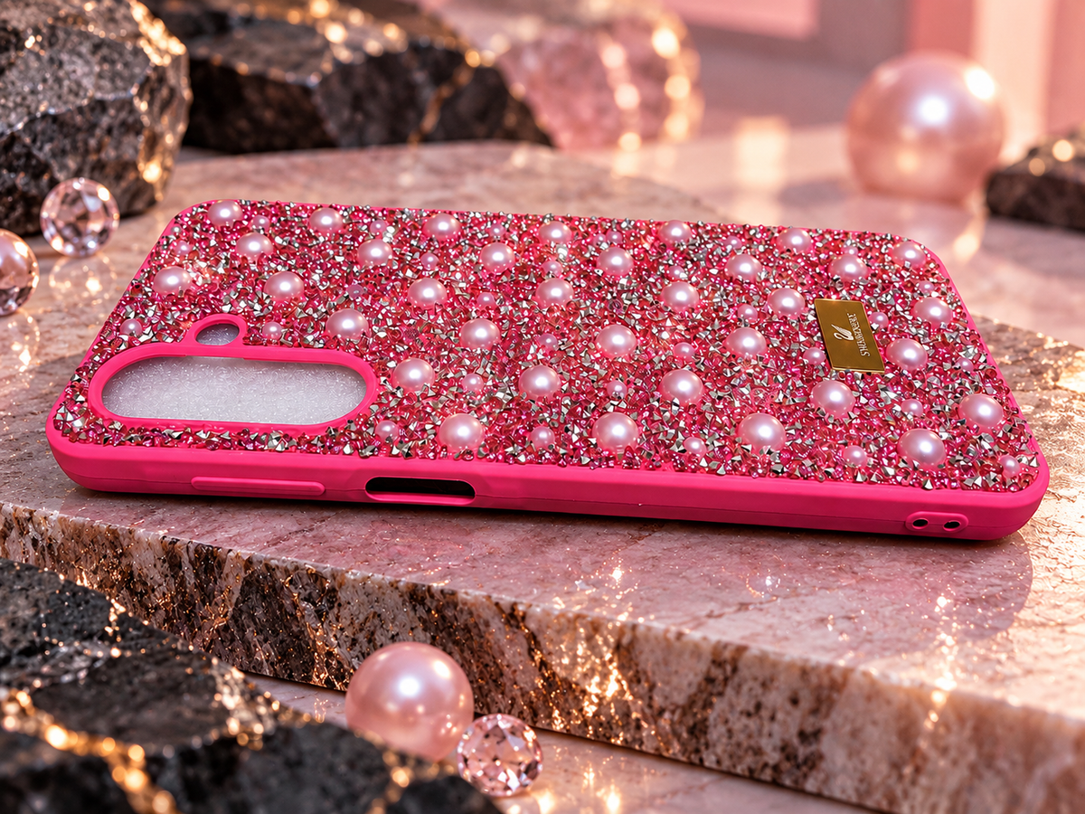 Close-up view of rhinestone and pearl detailing on Samsung Galaxy A17/A26 fashion case