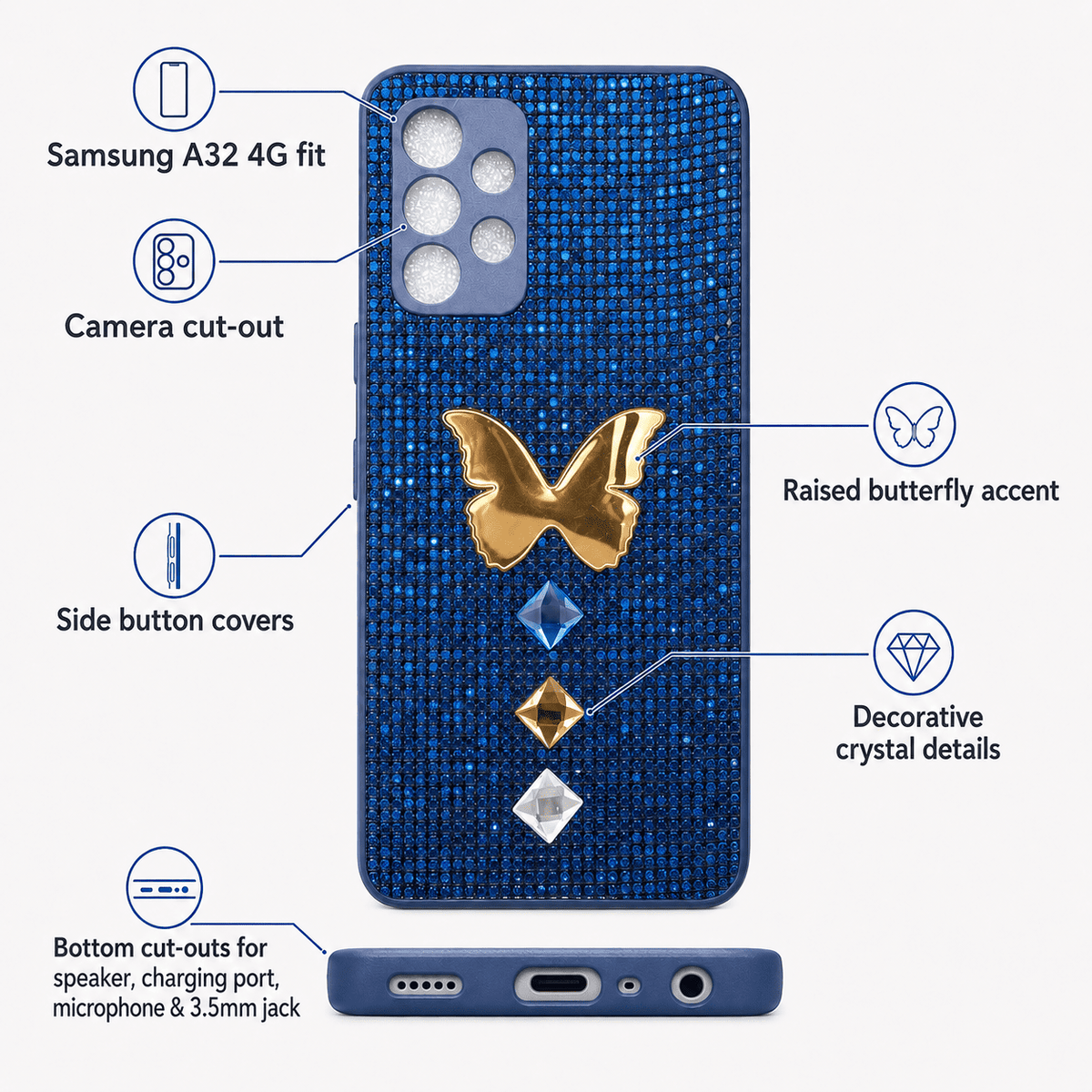 Samsung Galaxy A32 4G cover infographic showing camera, button and bottom port cut-outs