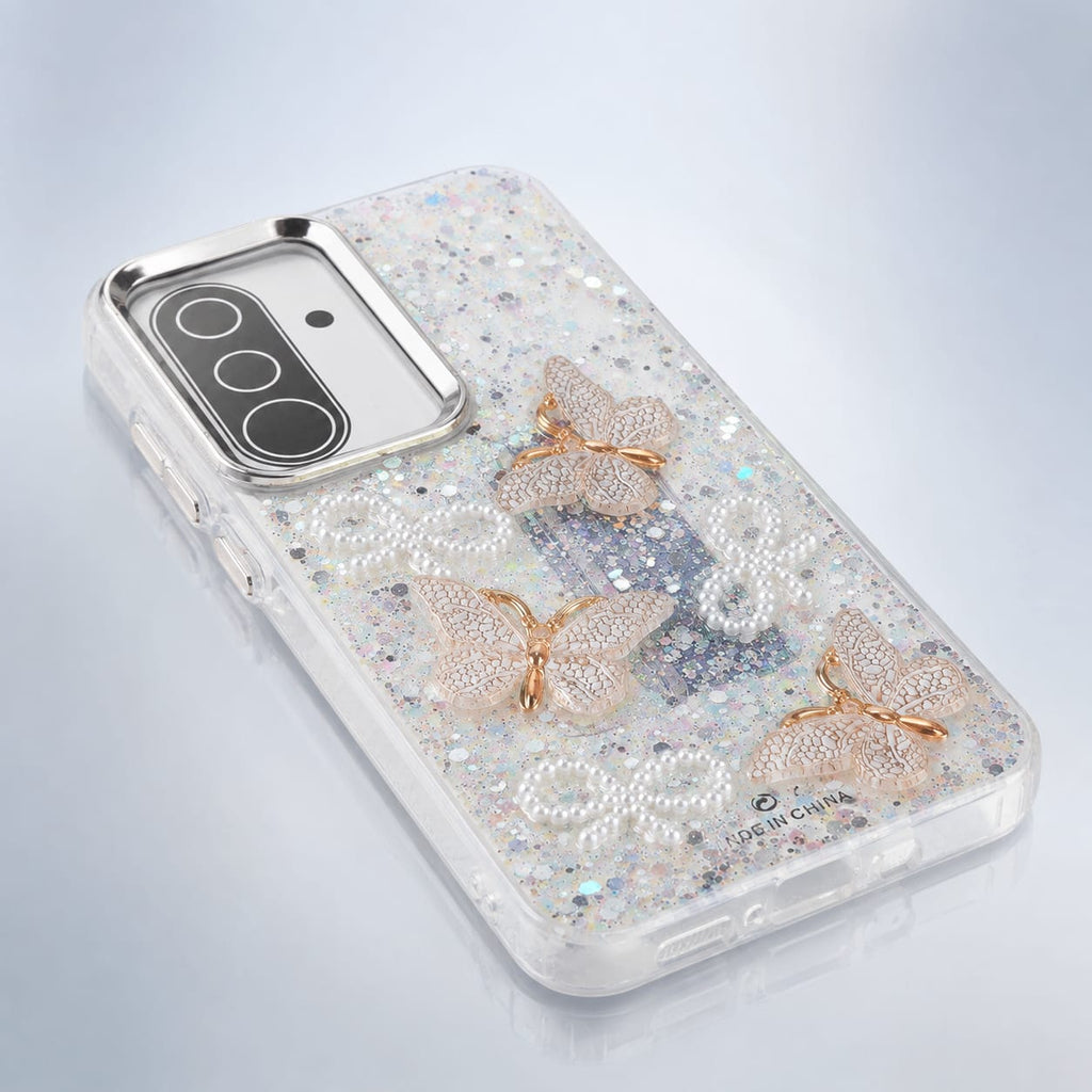 Angled view of white glitter butterfly pearl-bow phone case showing side frame and camera area