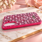 Pink Samsung Galaxy A57 5G pearl rhinestone case, rear product view