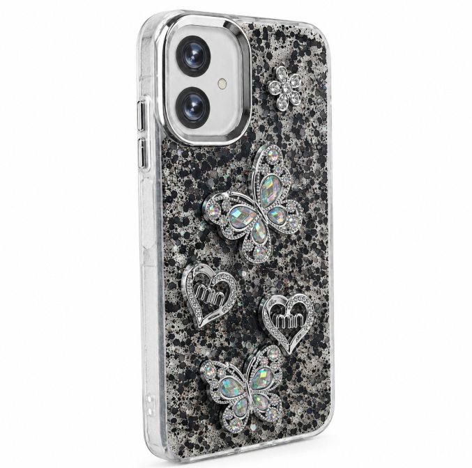 Samsung Galaxy A06 black glitter butterfly and heart back cover
