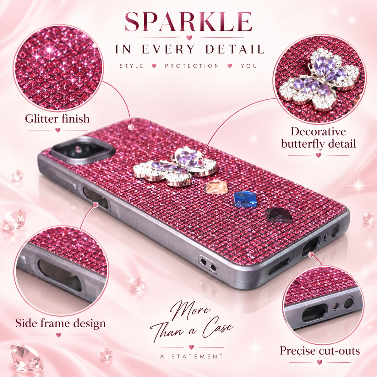 Samsung Galaxy A06 fancy rhinestone-style butterfly back cover infographic showing raised decorative details