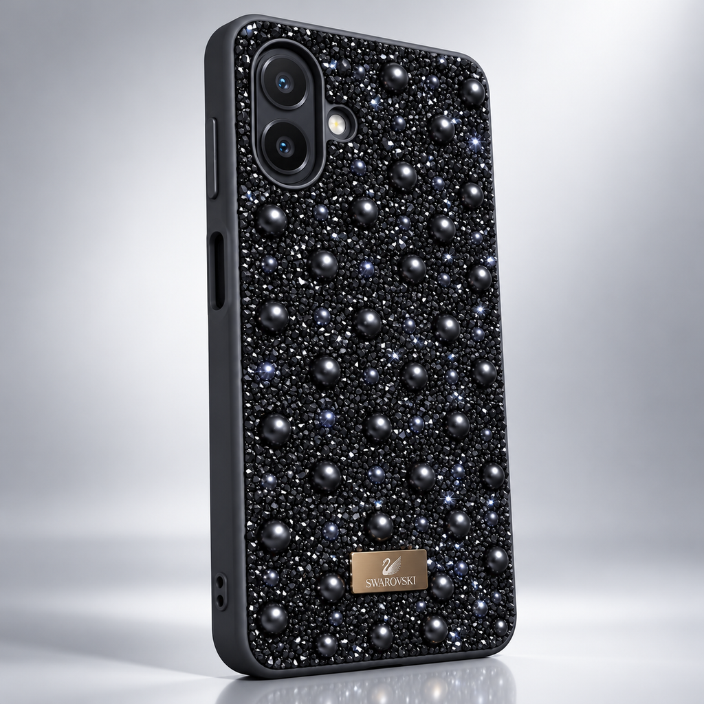 Black Samsung Galaxy A07 4G rhinestone and pearl fashion case with sparkling embellished back