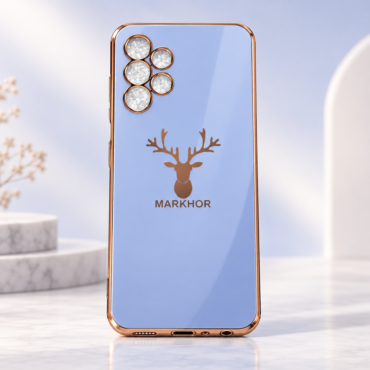 Light Blue Samsung Galaxy A13 4G Markhor glossy back cover with rose-gold-coloured border and camera-ring accents