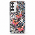 Black Samsung Galaxy A16 glitter butterfly case with raised pink and orange butterfly decorations and pearl-style swirls