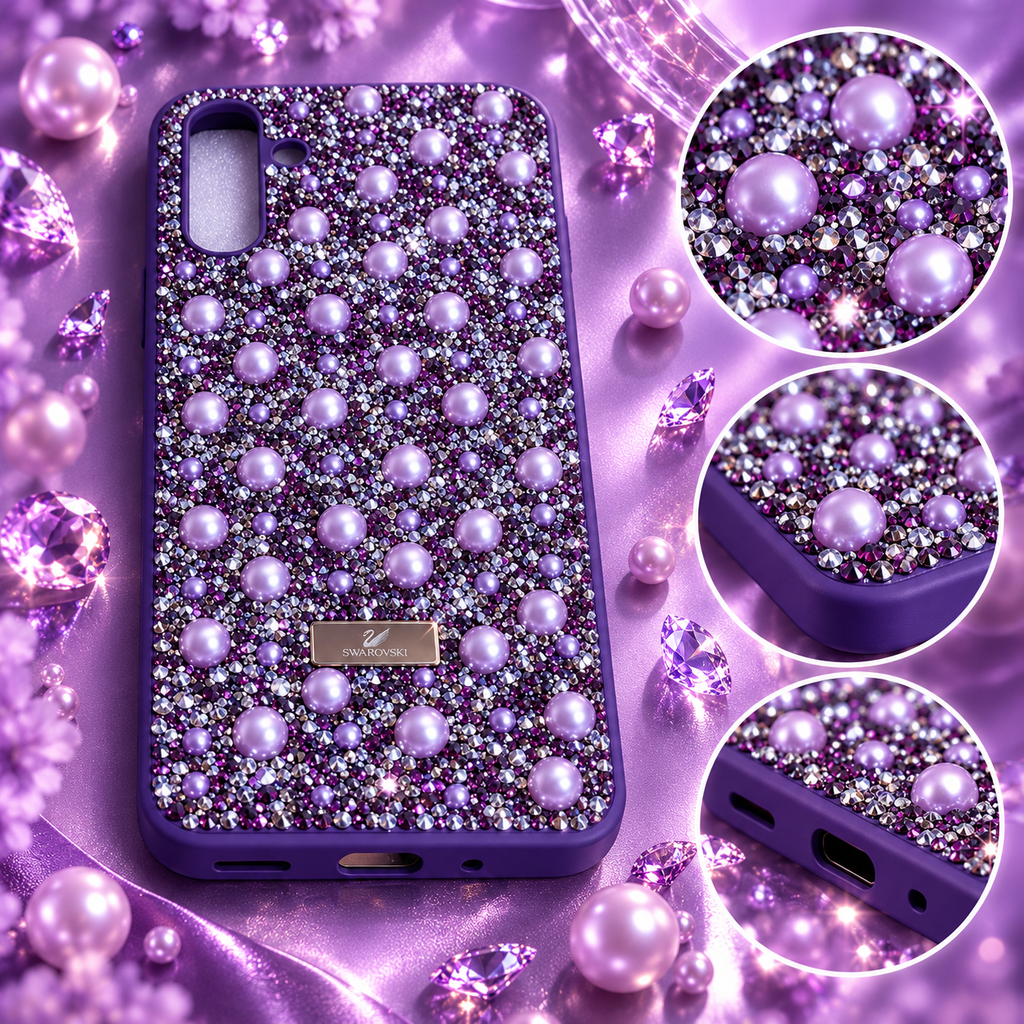 Purple Samsung Galaxy A16 rhinestone and pearl case shown flat with close-up detail views of the embellished surface